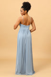 Dusty Blue Ruched Chiffon Bridesmaid Dress with Slit