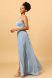 Dusty Blue Ruched Chiffon Bridesmaid Dress with Slit