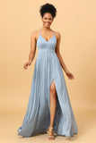 Dusty Blue Ruched Chiffon Bridesmaid Dress with Slit