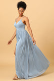 Dusty Blue Ruched Chiffon Bridesmaid Dress with Slit