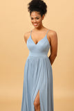 Dusty Blue Ruched Chiffon Bridesmaid Dress with Slit