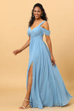 Steel Blue A Line V Neck Cold Shoulder Chiffon Bridesmaid Dress