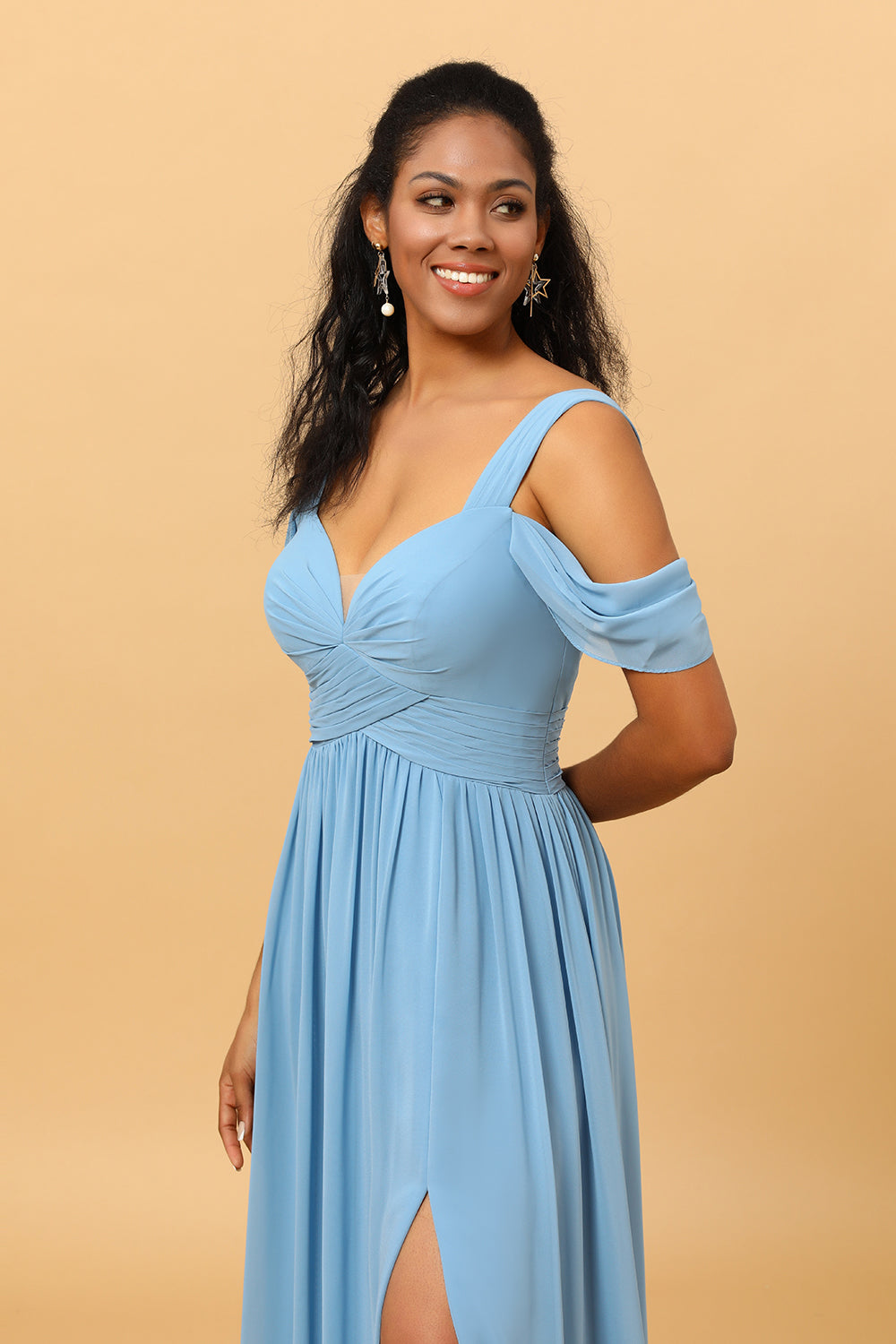 Wedtrend Steel Blue A Line V Neck Floor Length Cold Shoulder Long Chiffon Bridesmaid Dress With Slit WEDTREND Wedtrend Steel Blue A Line V Neck Floor Length Cold Shoulder Long Chiffon Bridesmaid Dress With Slit WEDTREND