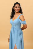 Steel Blue A Line V Neck Cold Shoulder Chiffon Bridesmaid Dress