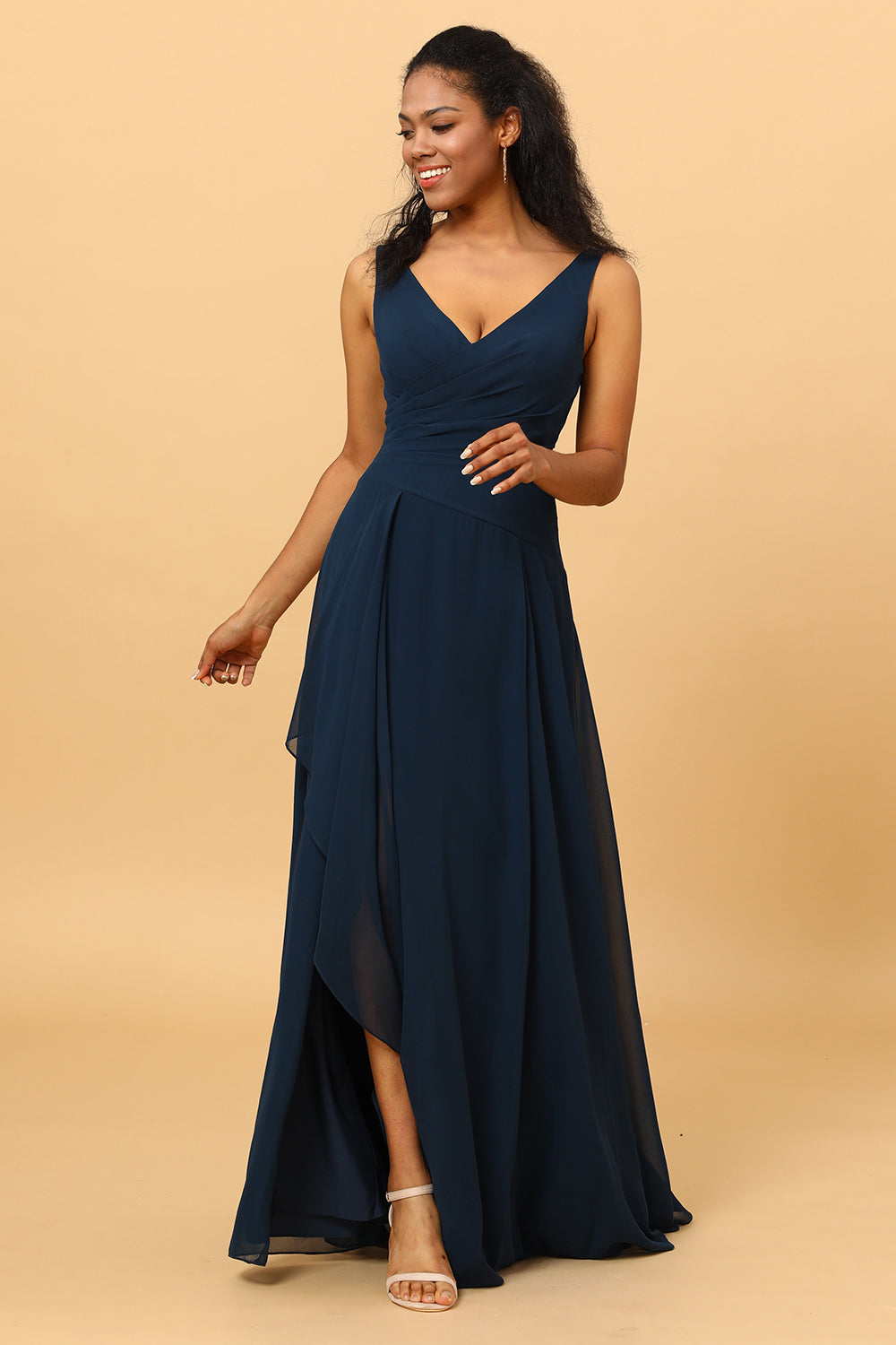 Wedtrend Dark Navy A Line V Neck Floor Length Long Chiffon Bridesmaid Dress With Slit Wedding Party Dress, Dark Navy / US16
