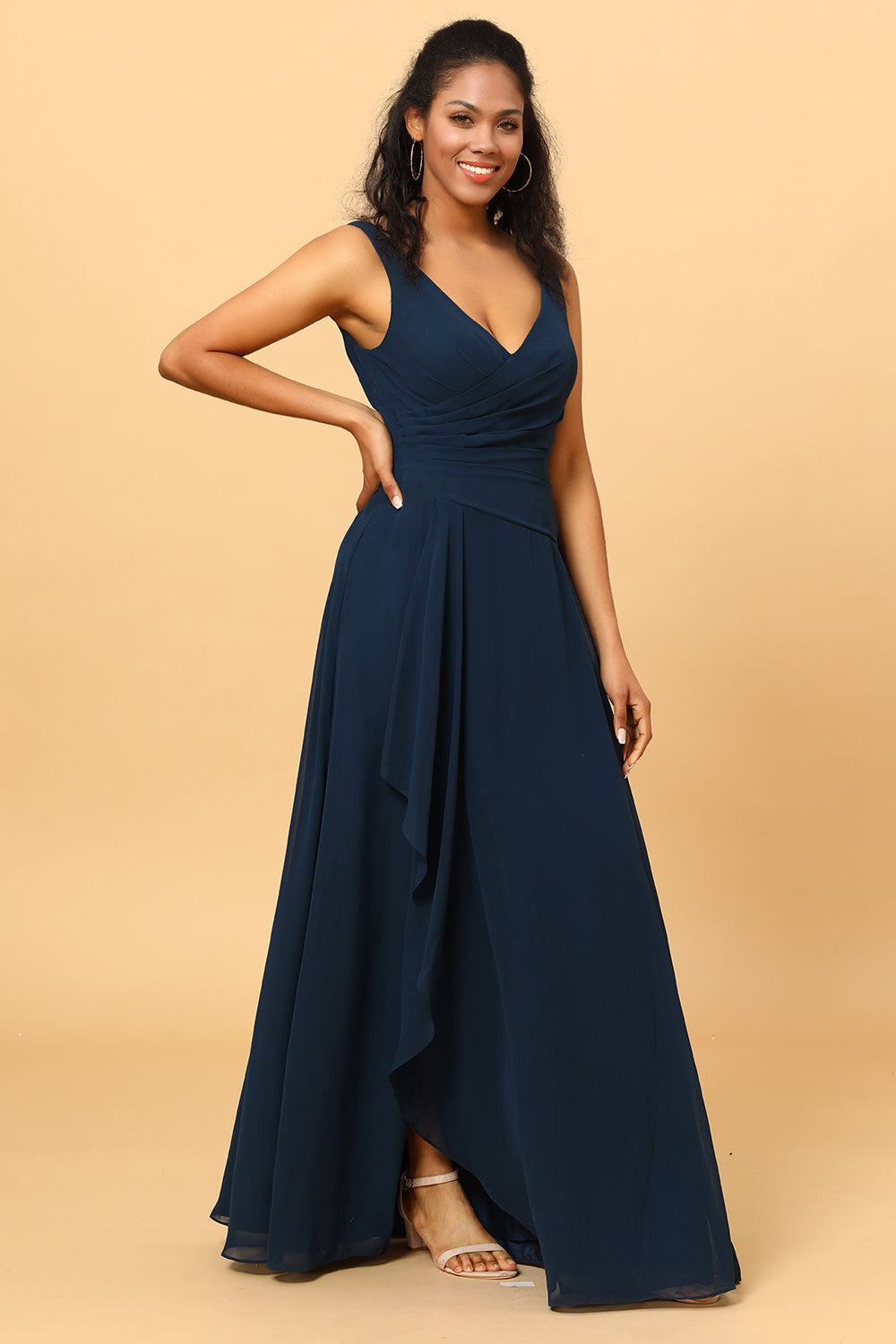 Wedtrend Dark Navy A Line V Neck Floor Length Long Chiffon Bridesmaid Dress With Slit Wedding Party Dress, Dark Navy / US16