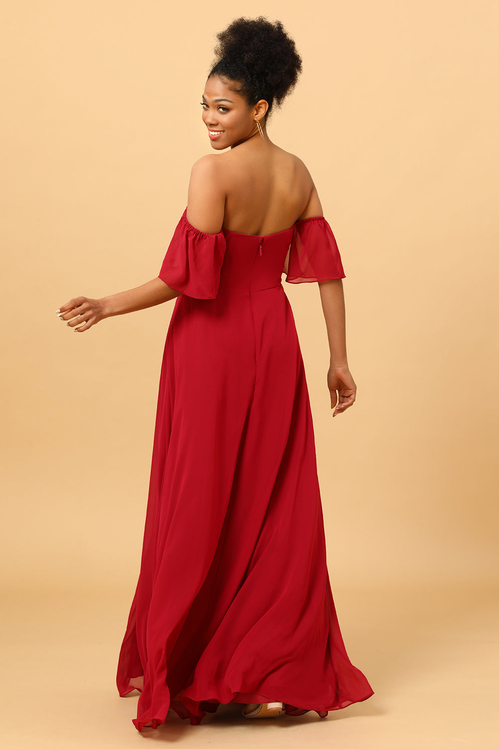 Burgundy off the Shoulder Long Chiffon Bridesmaid Dress with Slit