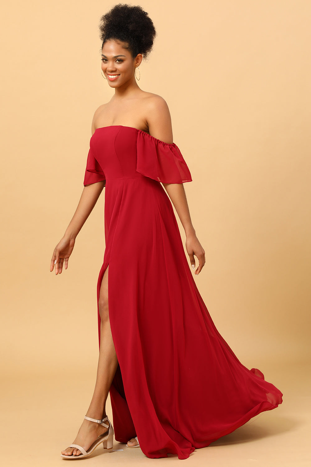 Wedtrend Women Red off the Shoulder Long Chiffon Bridesmaid Dress