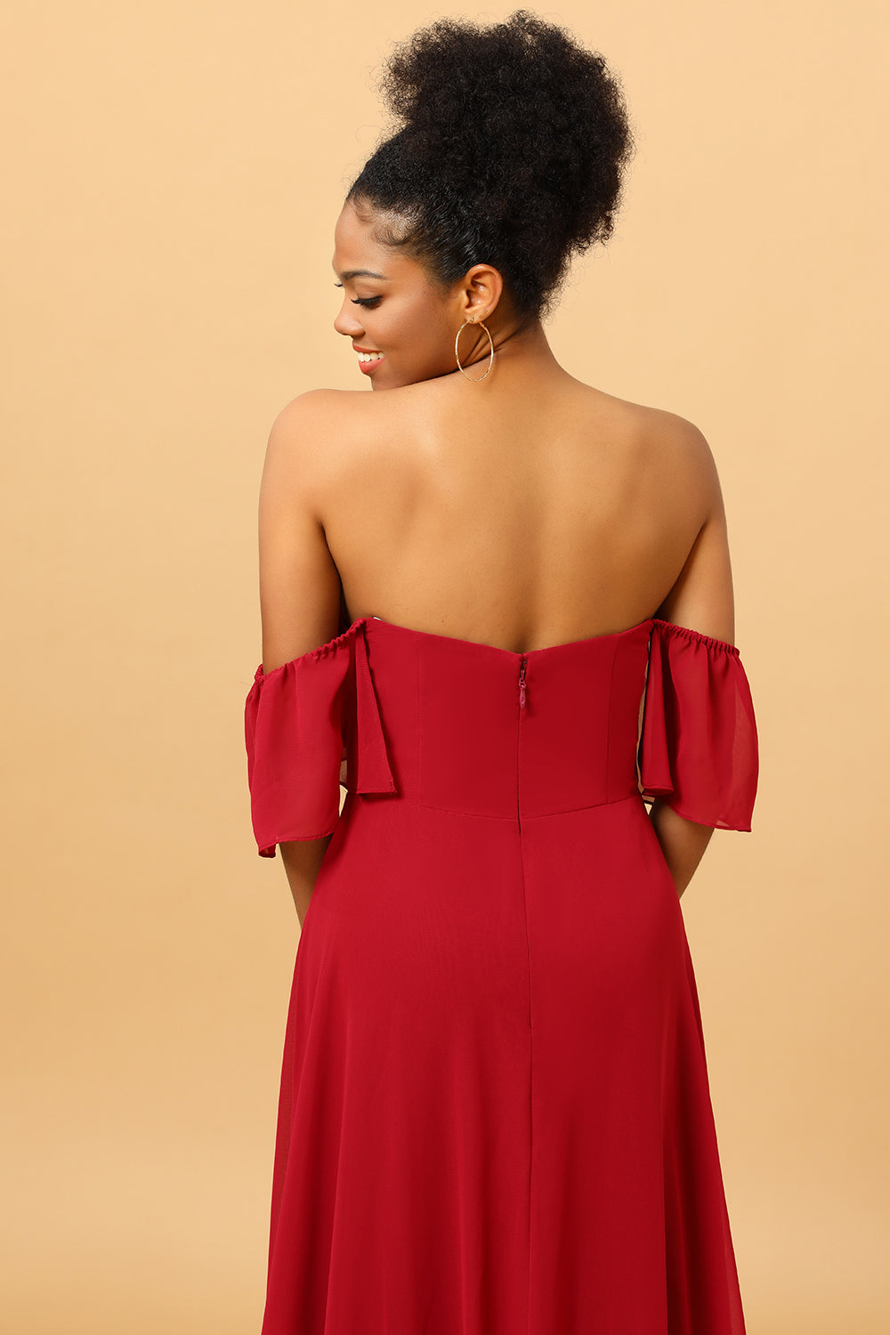 Burgundy off the Shoulder Long Chiffon Bridesmaid Dress with Slit