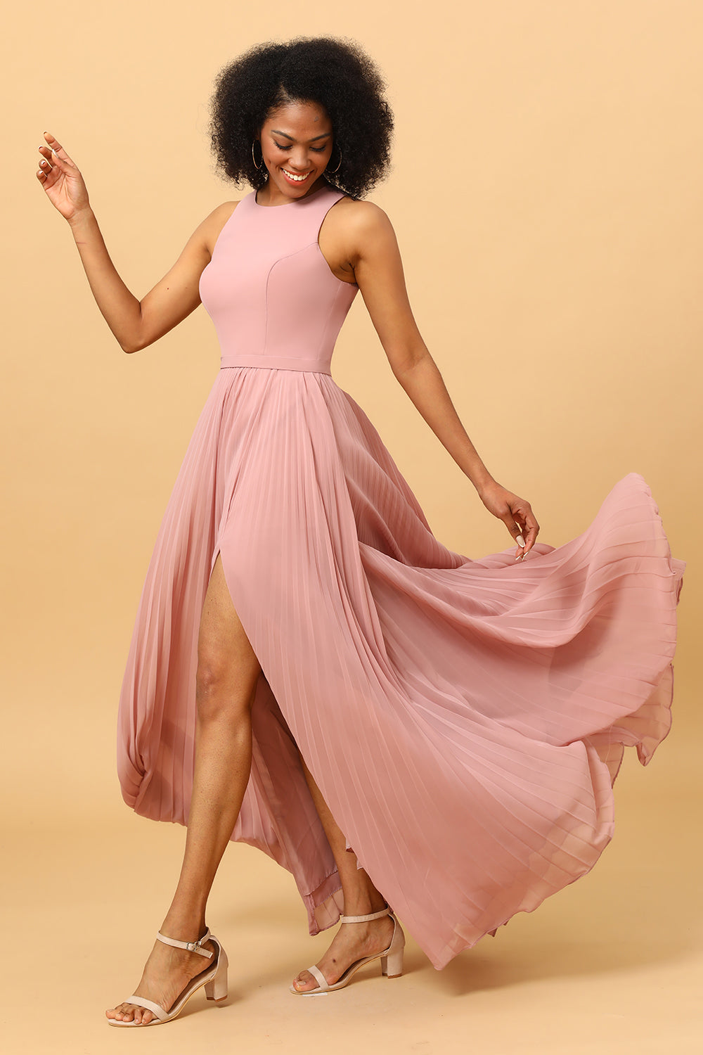 Wedtrend Dusty Rose Elegant A Line Halter Pleated Floor Length Long Chiffon  Bridesmaid Dress with Slit – WEDTREND