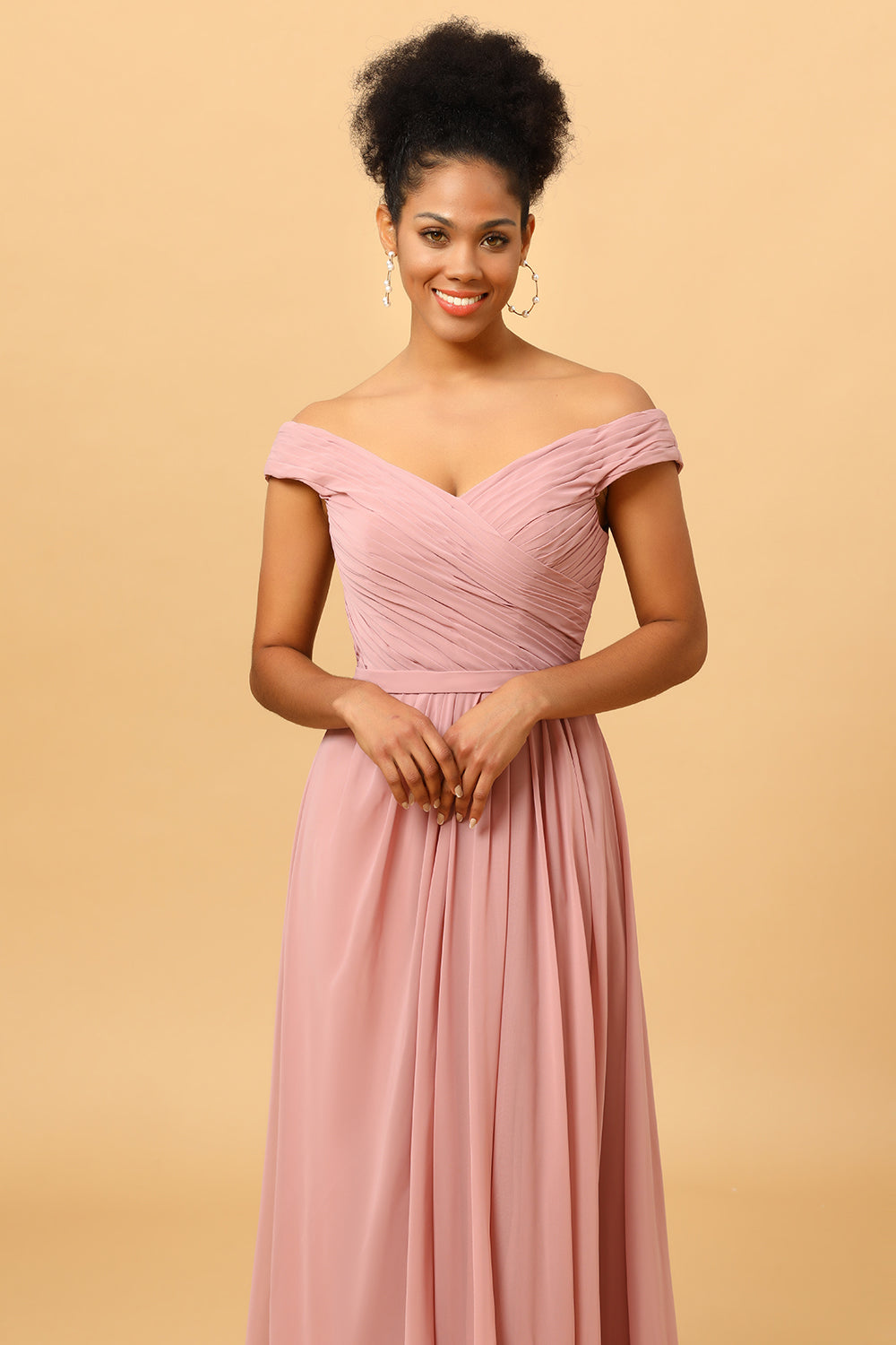 Dusty Rose Ruched Long Chiffon Bridesmaid Dress with Slit