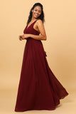 Cabernet A Line V Neck Pleated Floor Length Long Chiffon Bridesmaid Dress