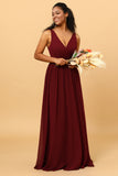 Cabernet A Line V Neck Pleated Floor Length Long Chiffon Bridesmaid Dress