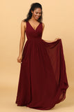 Cabernet A Line V Neck Pleated Floor Length Long Chiffon Bridesmaid Dress