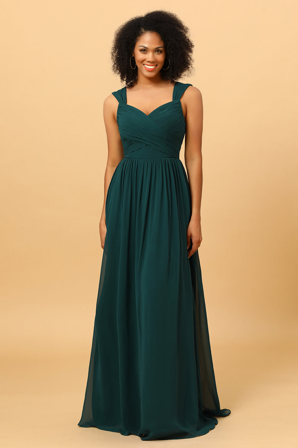 Wedtrend Women Pine Straps Long Chiffon Bridesmaid Dress with Heart Shaped Open Back, Pine / US20W