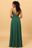 Dark Green A Line V Neck Floor Length Long Chiffon Bridesmaid Dress