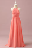 Coral A-Line Halter Floor Length Chiffon Junior Bridesmaid Dress