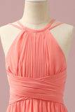 Coral A-Line Halter Floor Length Chiffon Junior Bridesmaid Dress