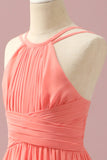 Coral A-Line Halter Floor Length Chiffon Junior Bridesmaid Dress