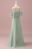 Dusty Sage Straps Cold Shoulder Chiffon Junior Bridesmaid Dress