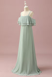 Dusty Sage Straps Cold Shoulder Chiffon Junior Bridesmaid Dress