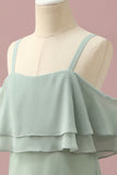 Dusty Sage Straps Cold Shoulder Chiffon Junior Bridesmaid Dress