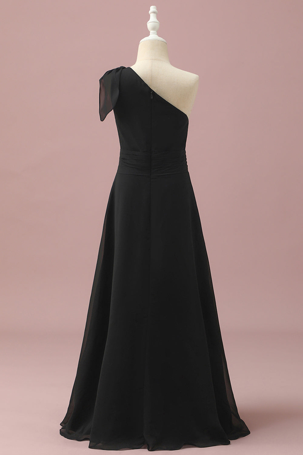Black A-Line One Shoulder Floor Length Chiffon Junior Bridesmaid Dress