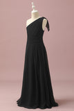 Black A-Line One Shoulder Floor Length Chiffon Junior Bridesmaid Dress