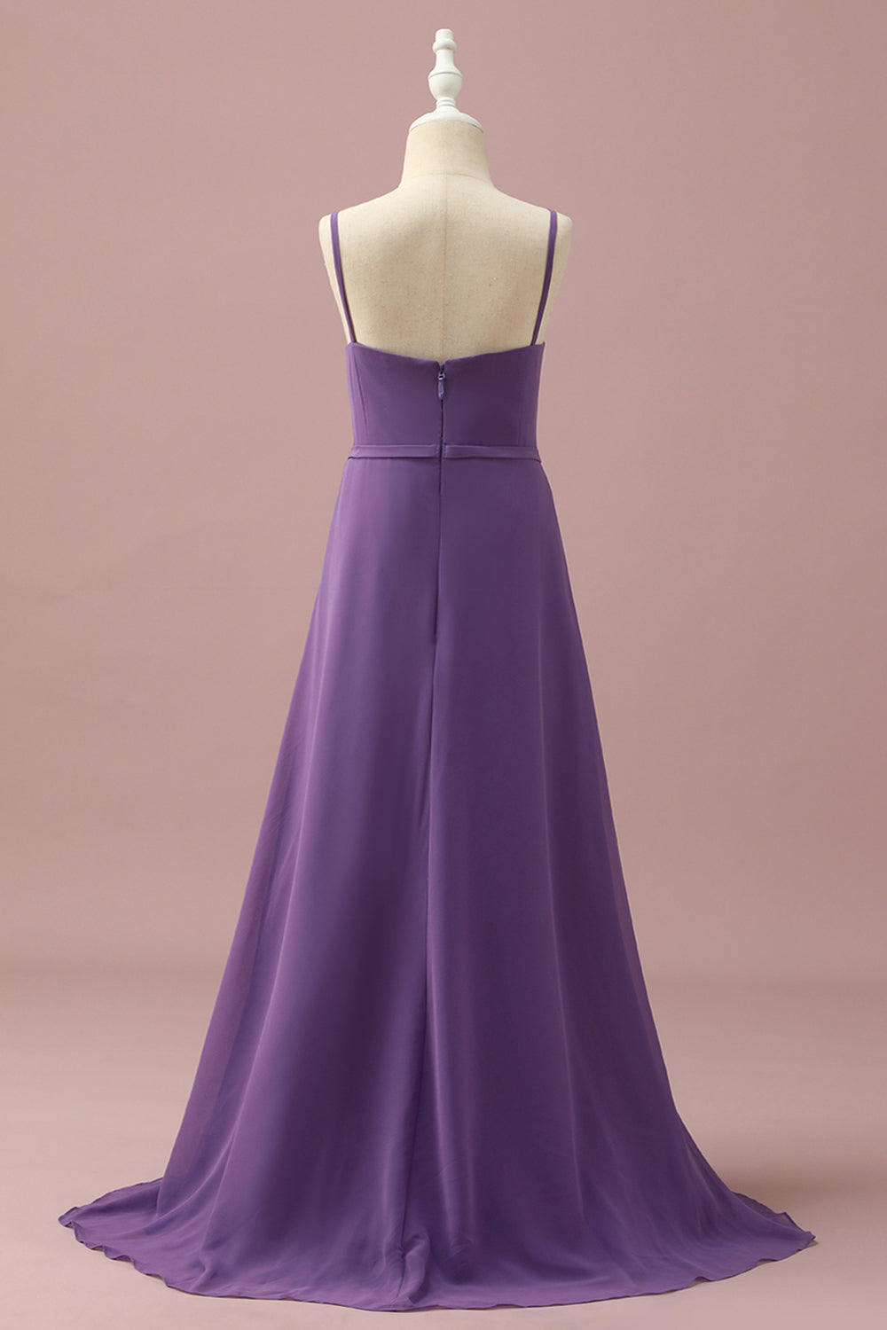 Purple A-Line Spaghetti Straps Long Chiffon Junior Bridesmaid Dress With Ruffles