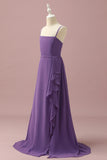 Purple A-Line Spaghetti Straps Long Chiffon Junior Bridesmaid Dress With Ruffles