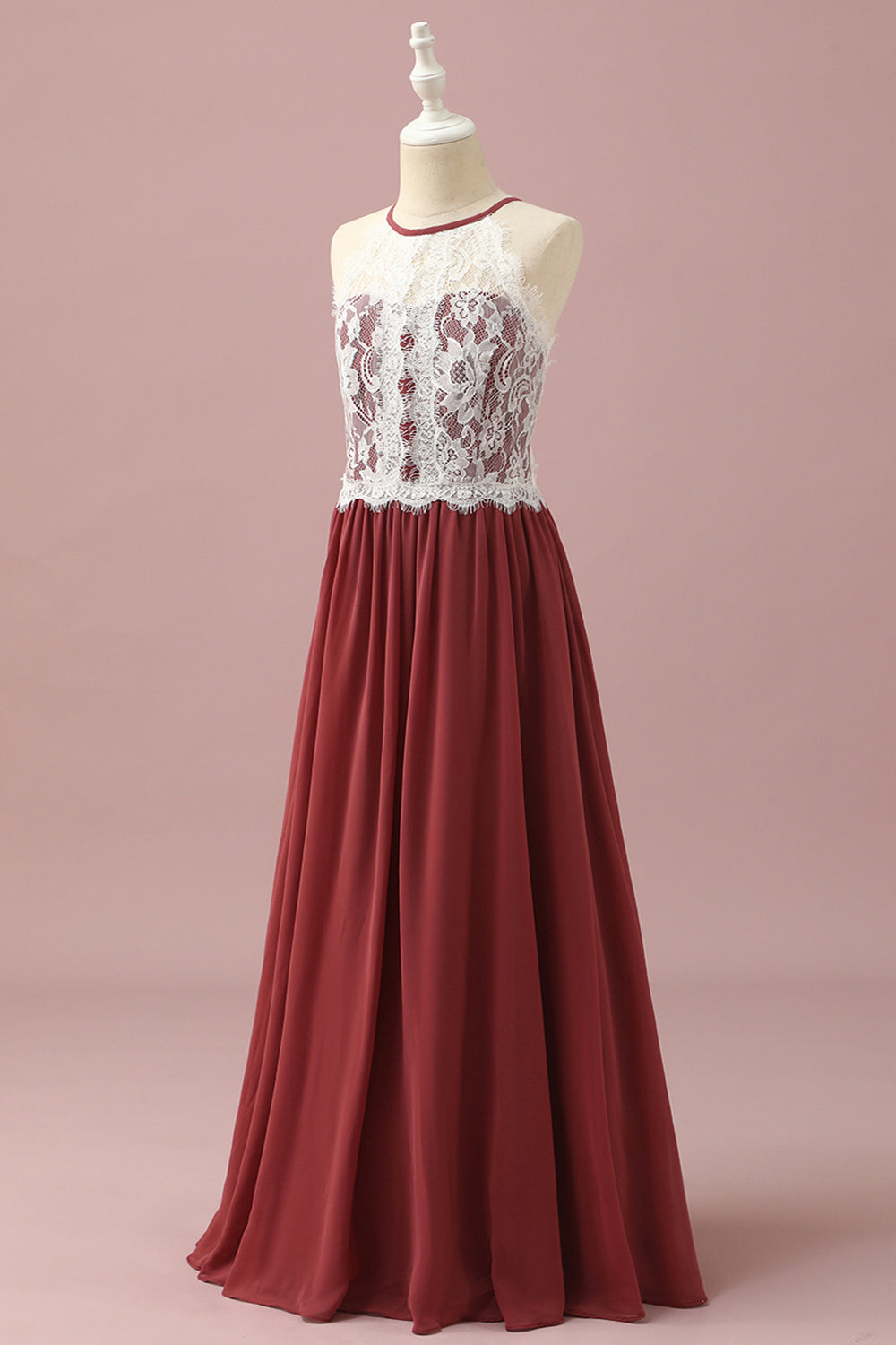 Burgundy A-Line Halter Floor Length Junior Bridesmaid Dress With Floral Lace