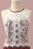 Burgundy A-Line Halter Floor Length Junior Bridesmaid Dress With Floral Lace