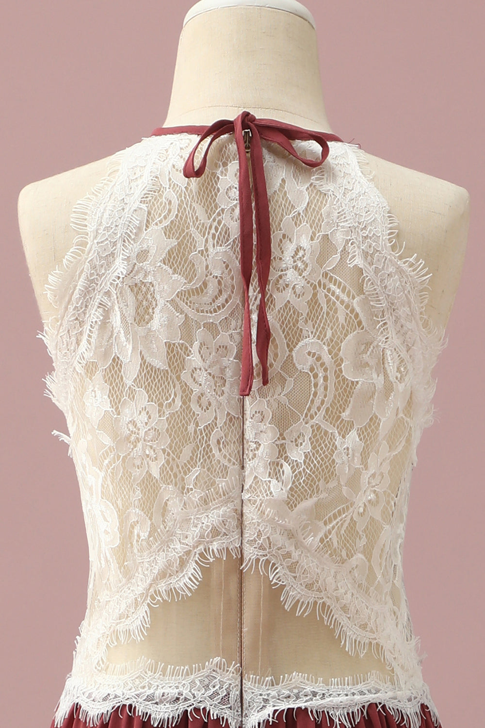 Burgundy A-Line Halter Floor Length Junior Bridesmaid Dress With Floral Lace