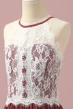 Burgundy A-Line Halter Floor Length Junior Bridesmaid Dress With Floral Lace