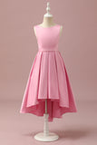 Pink High Low Round Neck Satin Junior Bridesmaid Dress