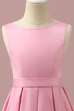 Pink High Low Round Neck Satin Junior Bridesmaid Dress