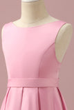 Pink High Low Round Neck Satin Junior Bridesmaid Dress
