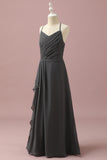 Black A-Line Spaghetti Straps Floor Length Chiffon Junior Bridesmaid Dress With Ruffles