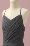 Black A-Line Spaghetti Straps Floor Length Chiffon Junior Bridesmaid Dress With Ruffles