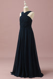 Dark Navy A-Line Halter Floor Length Chiffon Junior Bridesmaid Dress