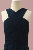 Dark Navy A-Line Halter Floor Length Chiffon Junior Bridesmaid Dress