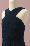 Dark Navy A-Line Halter Floor Length Chiffon Junior Bridesmaid Dress
