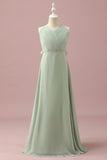 Sage A-Line V Neck Floor Length Chiffon Junior Bridesmaid Dress