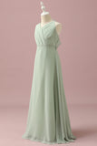 Sage A-Line V Neck Floor Length Chiffon Junior Bridesmaid Dress