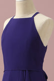 Purple Blue A-Line Halter Floor Length Chiffon Junior Bridesmaid Dress With Ruffles