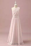 Light Pink A Line One Shoulder Chiffon Junior Bridesmaid Dress