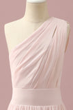 Light Pink A Line One Shoulder Chiffon Junior Bridesmaid Dress