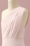 Light Pink A Line One Shoulder Chiffon Junior Bridesmaid Dress