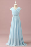 Light Blue A-Line V Neck Floor Length Chiffon Junior Bridesmaid Dress