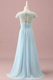 Light Blue A-Line V Neck Floor Length Chiffon Junior Bridesmaid Dress